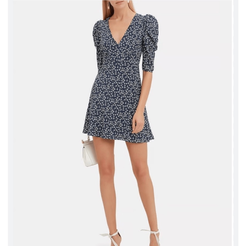 NWOT SALONI sz 2 Navy Blue Silk mini dress Puff Sleeve V Neck floral work Fall
